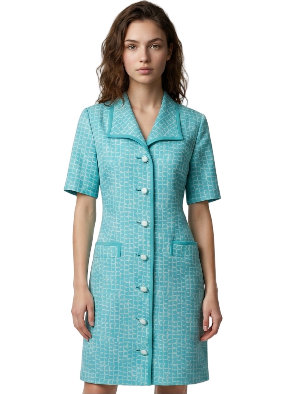 BARON PETERS Vintage Blue White Short-Sleeve Midi Dagger collar Button front